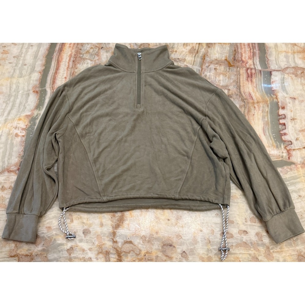 Varley Womens Cropped Sweatshirt Green 1/4 Zip Mock Neck Drawstring Hem Medium